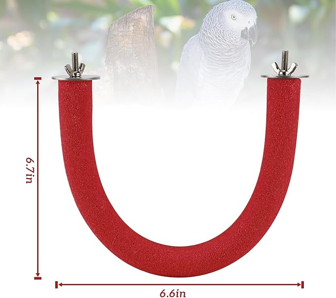 Rypet U Shape Parrot Perch Stand Toy for Paw Grinding Clean Stick Exercise, Rough-Surfaced Quartz Bird Perch Standing Cage Accessories for for Small Parakeets Cockatiels Conures Macaws Finches(Red)