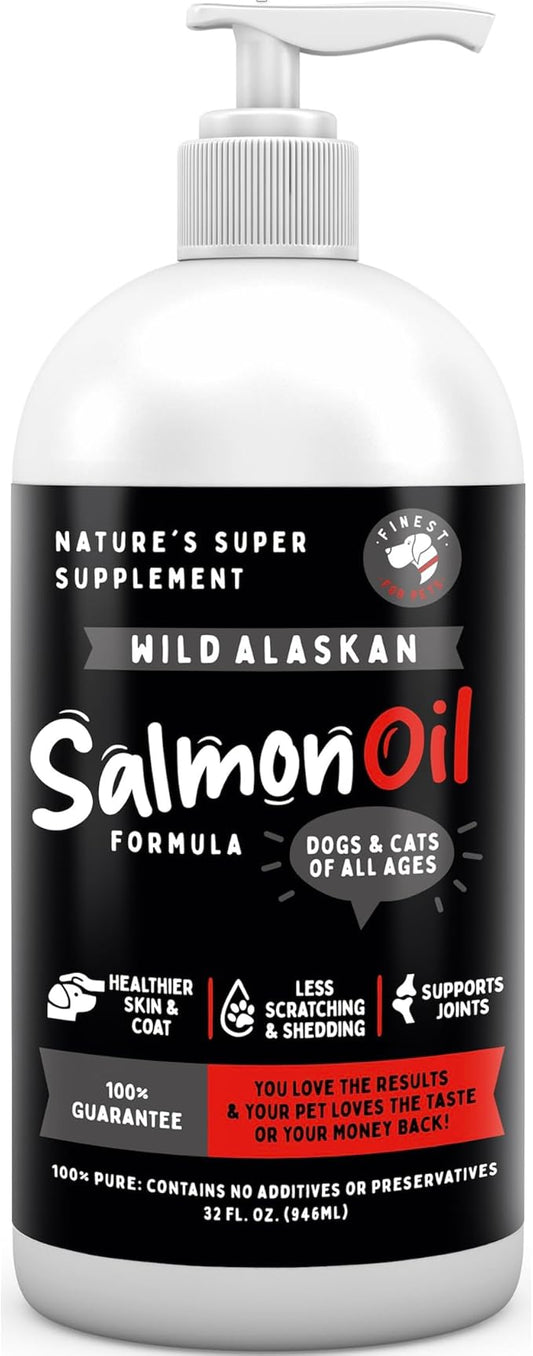 Finest For Pets Wild Alaskan Salmon Oil for Dogs & Cats - Omega 3 Fish Oil with Pollock & Salmon for Sensitive Skin & Coat Health. EPA & DHA Ease Itching, Supports Joint, Immune & Heart Health (32oz)