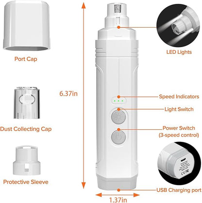 NUMINA Dog Nail Grinder with 2 LED Light 3-Speed Professional Electric Rechargeable Pet Nail Trimmer Quiet Painless Paws Grooming & Smoothing for Small Medium Large Dogs & Cats (White)