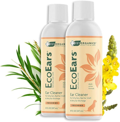 EcoEars Dog Ear Cleaner Solution–8 Oz. Natural Dog Ear Multi-Action Formula for Large or Small Canines – Ear Drops to Alleviate Itchy Ears, Shaking, & Otic Discharge–Puppy Supplies by Vet Organics 2pk