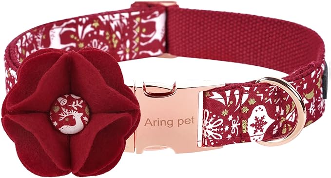 ARING PET Christmas Dog Collar-Red Dog Collar with Felt Flowers, Cotton Christmas Girl Dog Collars Pet Collars with Metal Buckle