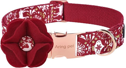 ARING PET Christmas Dog Collar-Red Dog Collar with Felt Flowers, Cotton Christmas Girl Dog Collars Pet Collars with Metal Buckle
