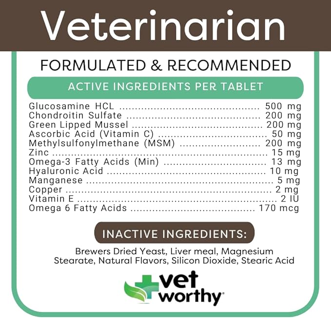 Vet Worthy Joint Support Level 4 - Chewable Tablet| Supports Bone Health and Healthy Joints - Dog Supplement with Glucosamine and Hyaluronic Acid | Vet Strength Joint Care | Liver Flavor, 60-Count