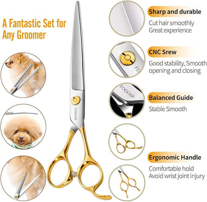 Dog Grooming Scissors Kit 4pcs 7 inch Professional Dog Grooming Shears Set Curved Thinning Straight Chunkers for Dogs Cat Pets (7 in Kit, Gold)