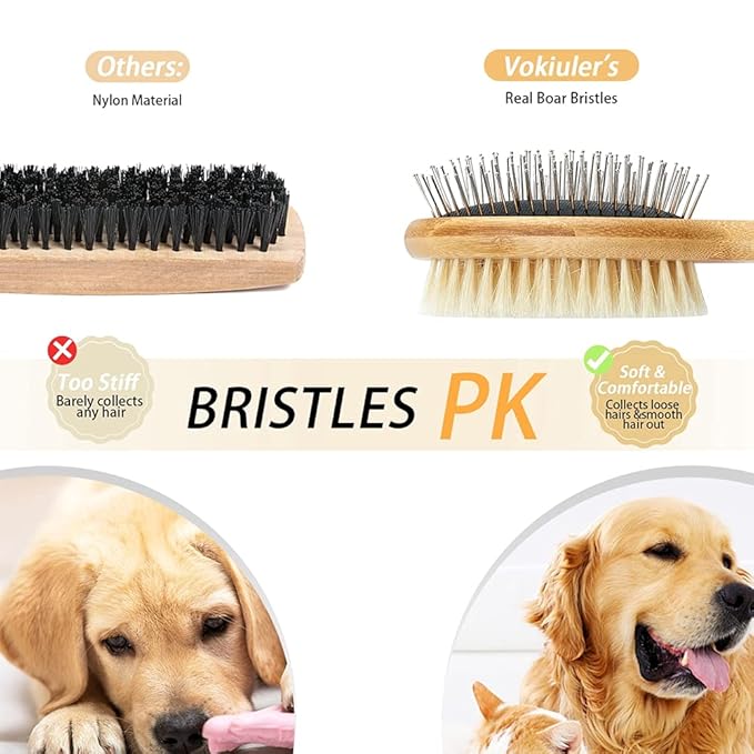 Double Sided Dog and Cat Brush - Bristle and Pin for Grooming, Real Boar Bristle With Bamboo Handle for Long Short Hair, 4 Pack Comb, Black+Yellow