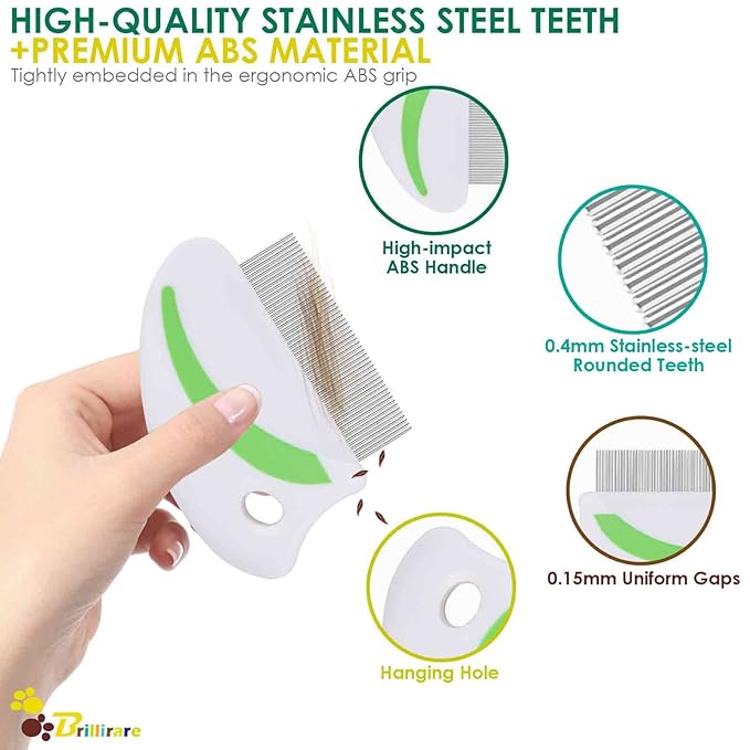 2 Pack Flea Lice Comb, Stainless Steel Dog Cat Grooming Combs with Rounded Teeth, Professional Pet Tear Stain Remover, Dematting Tool for Small, Medium & Large Pets