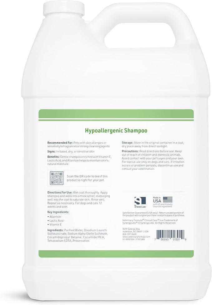 Veterinary Formula Clinical Care Hypoallergenic Shampoo for Dogs and Cats, 128 oz  No Harsh Ingredients  Fragrance-Free Pet Shampoo for Allergies and Sensitive Skin, Promotes Healthy Skin and Coat