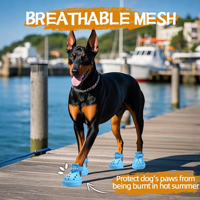 JZXOIVA Dog Shoes for Hot Pavement, Dog Booties for Large Dogs, Breathable Dog Boots & Paw Protectors, Adjustable Non-Slip Dog Rain Booties, Waterproof Pets Sandals for Beach Blue Size 8