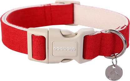 DOGWONG Cotton Hemp Dog Collar, Heavy-Duty Red Dog Collar Adjustable Soft Natural Fabric Pet Dog Collar Cute Wedding Puppy Necklace for Small Medium Large Dogs