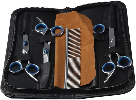 Dog Grooming Scissors, Stainless Steel 5 in 1 Dog Grooming Scissors, with Safety Round TipsProfessional Dog Grooming Kit(Blue)