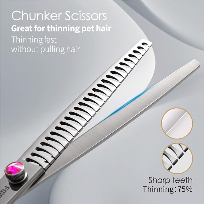 Dog Grooming Scissors Kit 7 in Professional Curved Thinning Straight Chunkers Shears and Comb 5pcs Set for Grooming Dogs Cat Pet Japanese 440C Stainless Steel(7.0'',Kit)
