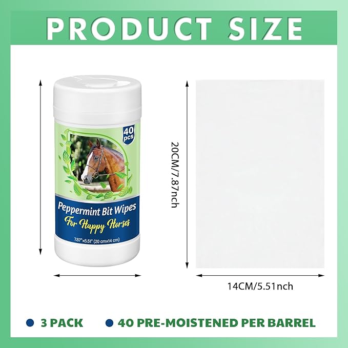 3 Pack Horse Bit Wipes 120 Pcs Peppermint Horse Bit Cleaners for Happy Horse Disposable Cleaning Wipes for English or Western Bits