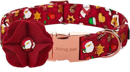 ARING PET Christmas Dog Collar-Girl Dog Collar with Felt Flowers, Cute Red Christmas Dog Collars Pet Collars with Metal Buckle