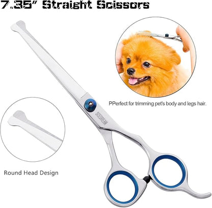 Dog Scissors - 6 in 1 Pet Grooming Set, Curved Tips, Blue