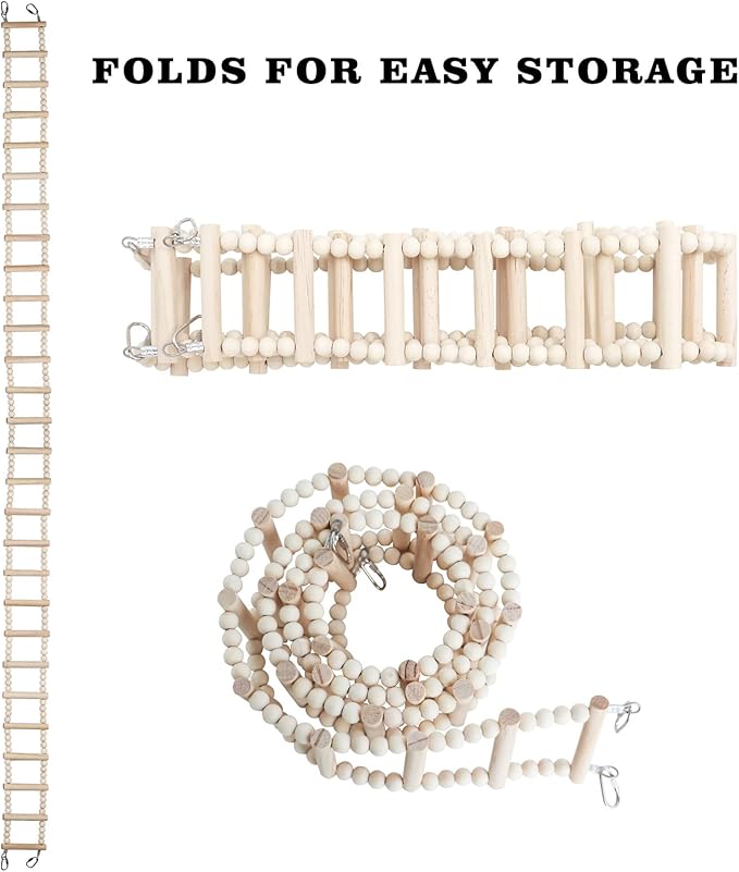 Long Bird Ladder with Wooden Rungs and Beads, Parakeet Climbing Swing Toys, Bird Cage Accessories, Wooden Climbing Bridge Toys for Parrots, Rat, Sugar Gliders, Squirrels, Snakes