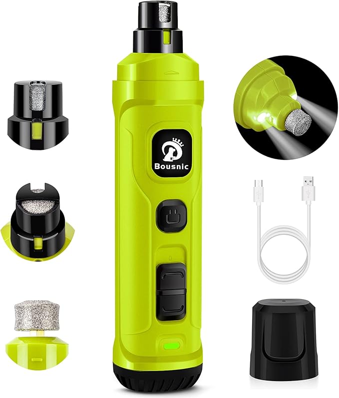 Bousnic Dog Nail Grinder with 2 LED Light - Super Quiet Pet Nail Grinder Powerful 2-Speed Electric Dog Nail Trimmer File Toenail Grinder for Puppy Small Medium Large Breed Dogs & Cats (Green)