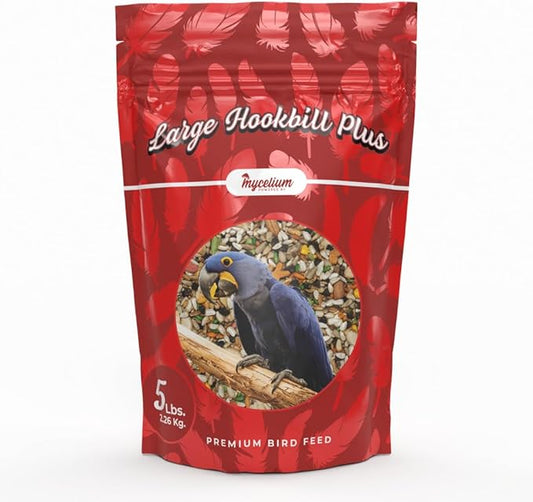 Mycelium Large Hookbil Plus | Clean & Safe Bird Food for Macaws, Cockatoos, Amazons | High in Protein & Fat | Seed Mix with Vitamins, Egg, Corn, Peanuts & Hemp Seed | Organic, Non-GMO 5 lb Bag