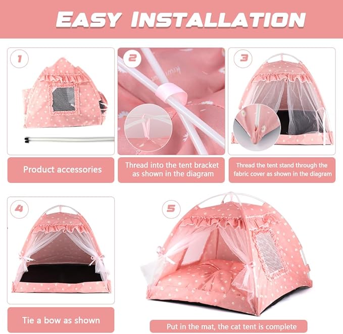 pawstrip Dog Tent Indoor Cat House Pink Puppy Bed Portable Pet Teepe Princess Dog Camping Tent Outdoor Kitten Houses Cute Bunny Nest Girl Kitty Cave (M, Pink)
