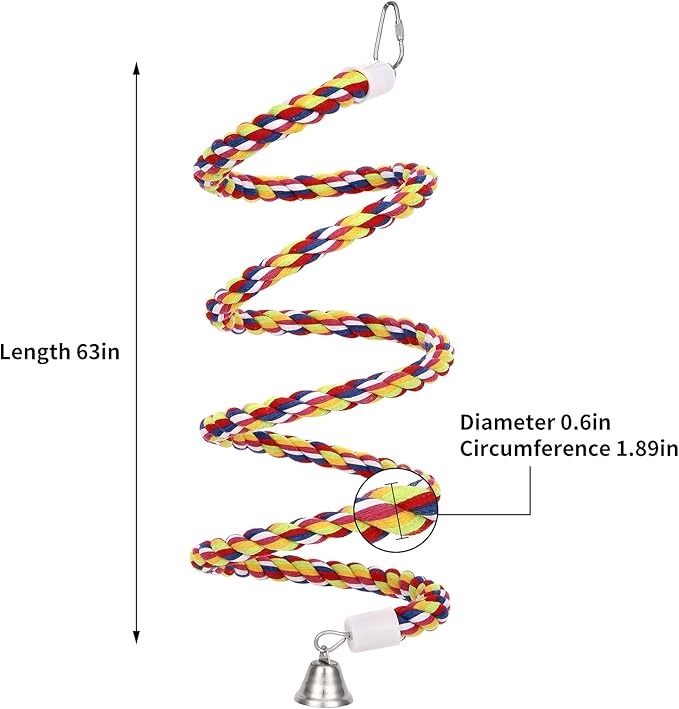 63'' Bird Rope Perches Birdcage Swing Toys 100% Cotton Natural Bird Perch Peck/Chewing with Bell Climbing Standing Bungee Parrot Toys for Small to Regular Size Parrot Cockatiel Birds