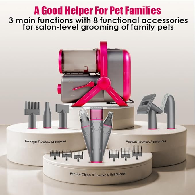 Dog Hair Vacuum / Blow Dryer One-Touch Switch, Dual-Motor Pet Grooming Kit For Shedding With Expandable Dust Cup, 8 Grooming Tools - Dog Vacuum Clipper Trimmer Nail Grinder Slicker Brush (Rose Red)