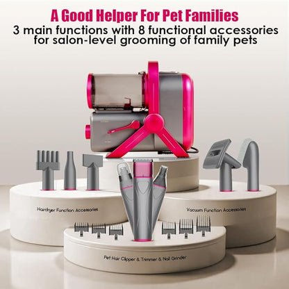 Dog Hair Vacuum / Blow Dryer One-Touch Switch, Dual-Motor Pet Grooming Kit For Shedding With Expandable Dust Cup, 8 Grooming Tools - Dog Vacuum Clipper Trimmer Nail Grinder Slicker Brush (Rose Red)