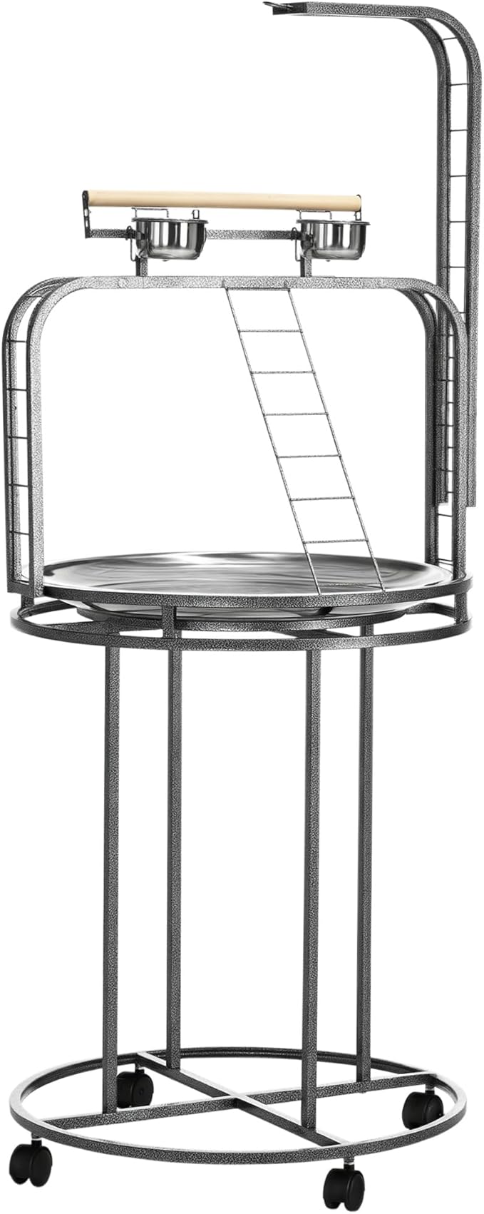 PawHut Parrot Stand Large Bird Perch Stand with Toy Hook & 3 Ladders, Parrot Perch with Easy Grip, Bird Wooden Stand, Gray