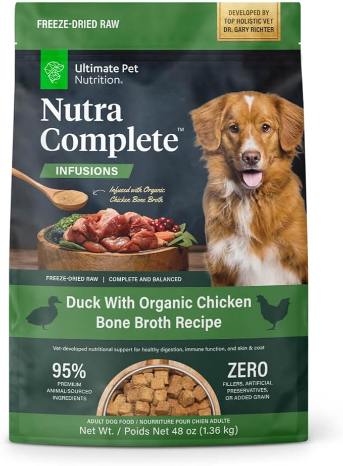 ULTIMATE PET NUTRITION Nutra Complete Bone Broth Infusions, 100% Freeze Dried Veterinarian Formulated Raw Dog Food with Antioxidants Prebiotics and Amino Acids (3 Pound, Bone Broth Duck)
