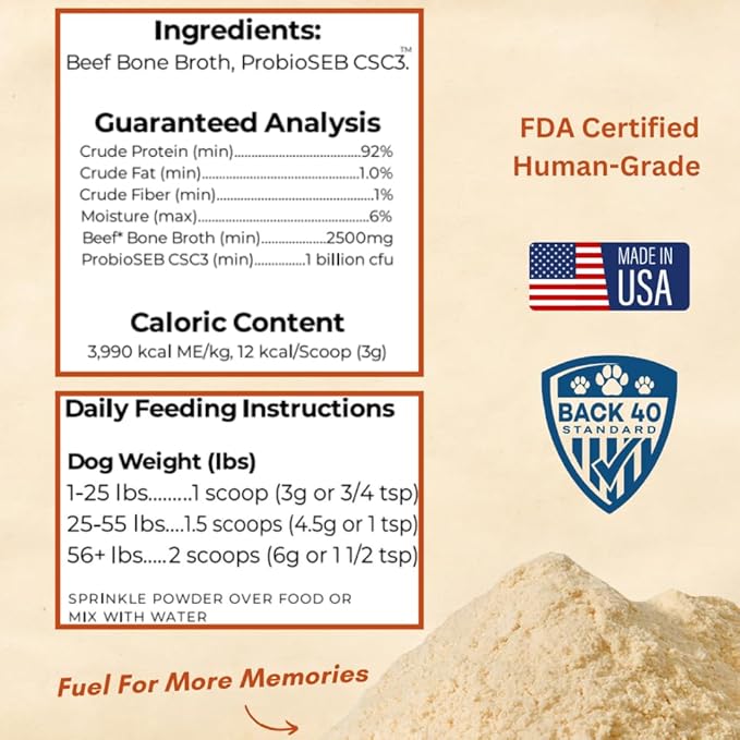 Grass-Fed Beef Bone Broth Powder for Dogs with Probiotics, Chondroitin & Glucosamine – Supports Gut Health, Joint & Immune System – Human Grade Dog Food Toppers for Picky Eaters, 6.4oz