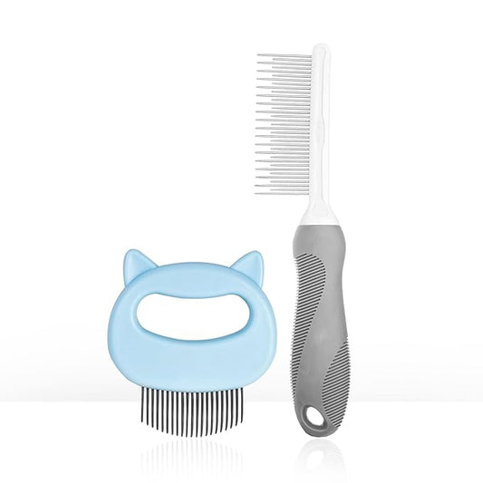 SKYPIA Dog & Cat Combs For Home Grooming Massage Kit  2-IN-1 Detangler Brush with Massaging Shell Comb For Long & Curly Hair, Removes Knots, Mats and Tangles Pet Hair Remover Soft Dematting and Deshedding For Dog Puppy Rabbit (Blue, 2 Pcs)