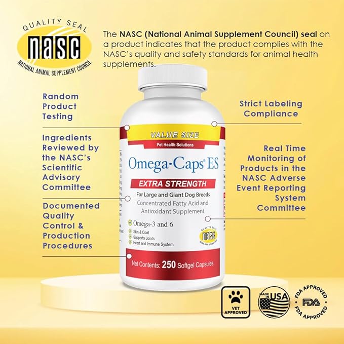 Omega-Caps ES for Large & Giant Dogs - Omega 3, Vitamins, Minerals, Antioxidants - Support Immune System, Joints, Heart, and Brain - 250 Softgel Capsules