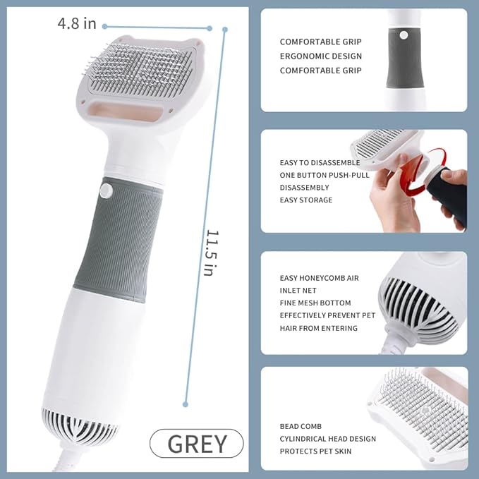 3 in 1 Professional Pet Grooming Dryer with Slicker Brush - Adjustable 3 Temperature Settings for Dogs and Cats (Grey)