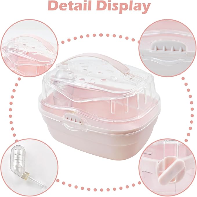 Hamster Carrier Cage with Water Bottle,Portable Hamsters Travel Cage Plastic Guinea Pig Carrying Cases Small Animal Carry Cage for Dwarf Hamsters Chinchillas Hedgehog Mouse(Pink)