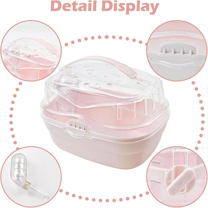 Hamster Carrier Cage with Water Bottle,Portable Hamsters Travel Cage Plastic Guinea Pig Carrying Cases Small Animal Carry Cage for Dwarf Hamsters Chinchillas Hedgehog Mouse(Pink)