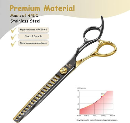 7'' Black & Gold Dog Grooming Scissors Set with Comb Curved Thinning Chunker Straight Shears 4PCS in Scissors Bag 440C Stainless Steel Sharp and Durable for Groomers and Beginners.