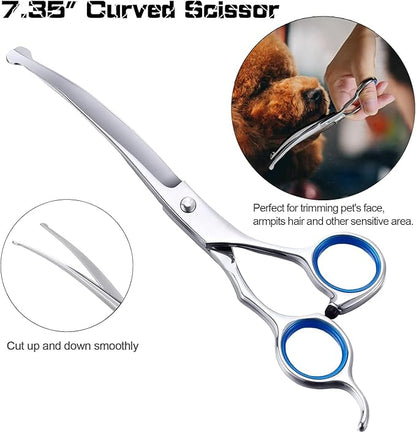Dog Scissors - 6 in 1 Pet Grooming Set, Curved Tips, Blue
