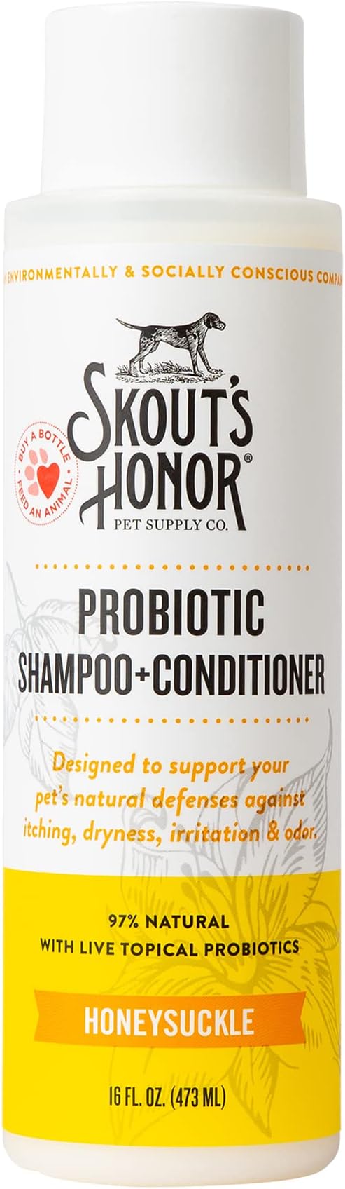 Skout's Honor Probiotic Pet Shampoo & Conditioner with Avocado Oil & Omega-3s, 97% Natural, Paraben & Sulfate-Free, Cruelty-Free, 16oz, Honeysuckle