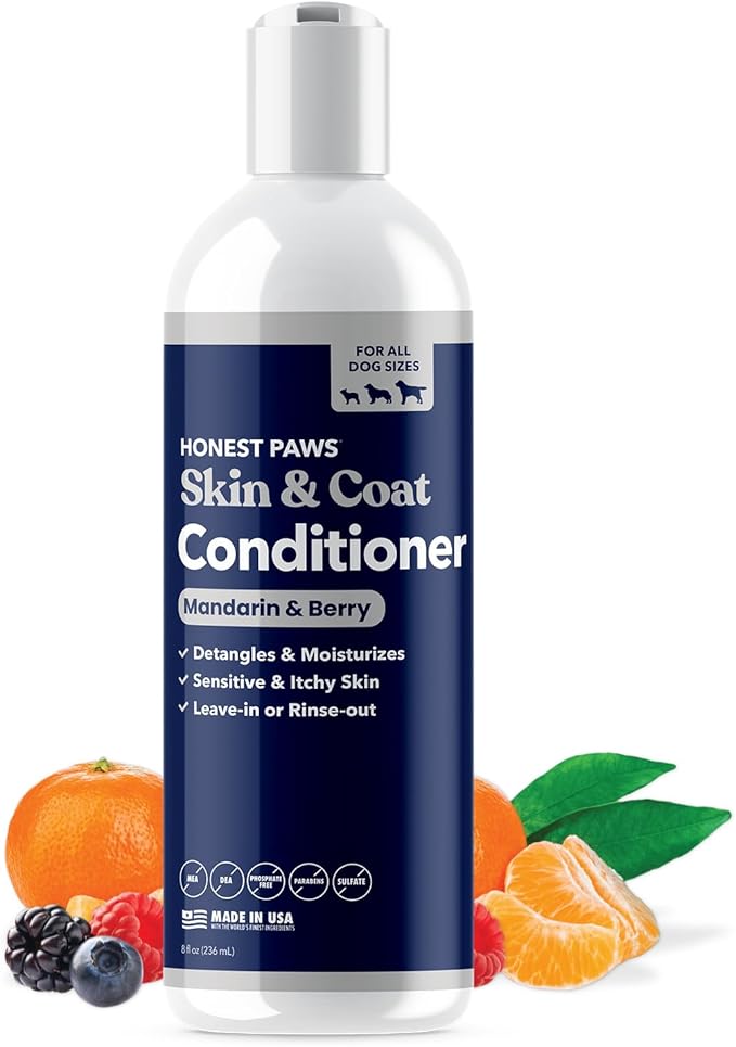 Honest Paws Dog Conditioner - Detangle & Moisturize - Premium Pet Conditioner for Itchy and Dry Skin - Hydrate Sensitive Skin - Shiny Coat Soft Hair Smooth Fur - Mandarin & Berry - 8oz