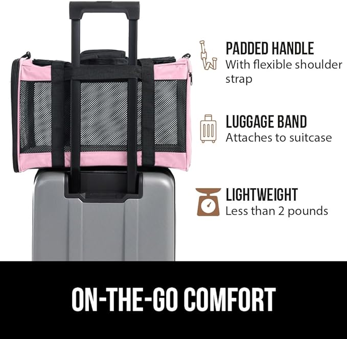 GORILLA GRIP Cat Carrier Travel Bag Up to 15 Lbs, Soft Collapsible Small Dog Carriers, Top and Side Entry Breathable Mesh, Grip Feet on Underside, Cozy Washable Waterproof Pad, Portable Kennel, Pink
