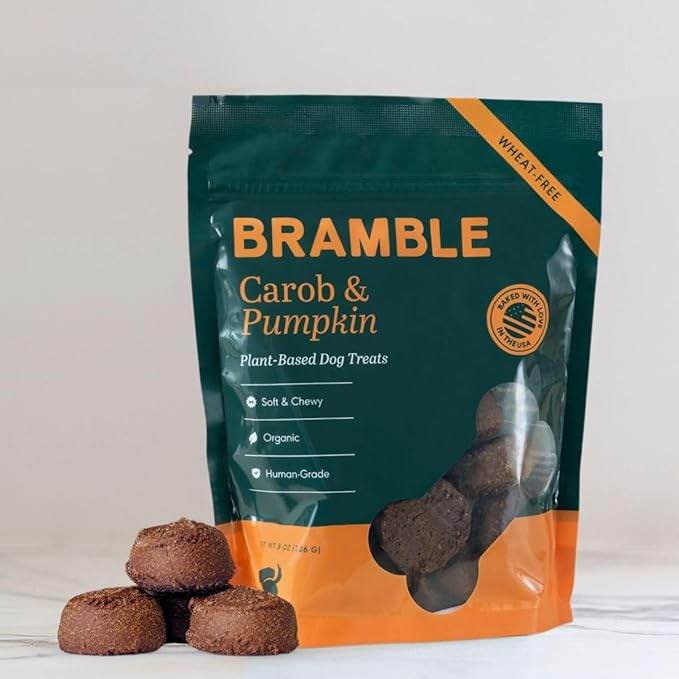 BRAMBLE Dog Treats. Plant-Based Treats for Dogs, Wheat-Free Everyday Dog Treats. Carob & Pumpkin, Made with Real Ingredients, Soft & Chewy Cookies. 8 oz