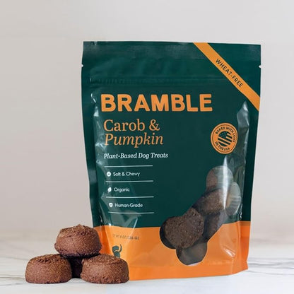 BRAMBLE Dog Treats. Plant-Based Treats for Dogs, Wheat-Free Everyday Dog Treats. Carob & Pumpkin, Made with Real Ingredients, Soft & Chewy Cookies. 8 oz