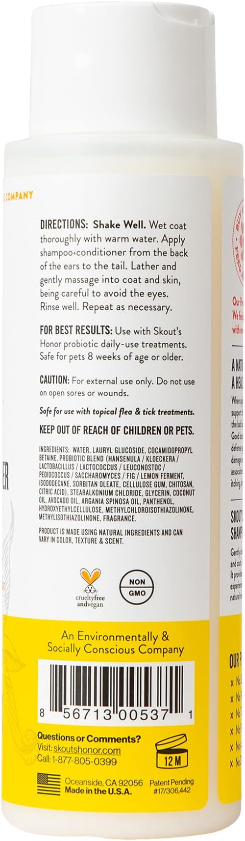 Skout's Honor Probiotic Pet Shampoo & Conditioner with Avocado Oil & Omega-3s, 97% Natural, Paraben & Sulfate-Free, Cruelty-Free, 16oz, Honeysuckle