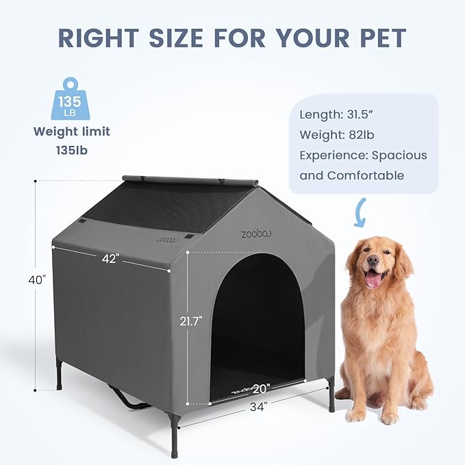 42 Outdoor Dog House for Large Breeds, Durable Large Dog Shelter with Weatherproof 600D PVC Canopy, Breathable 2x1 Textilene Fabric Elevated Dog Bed, XL Dog Kennel for Outside Use