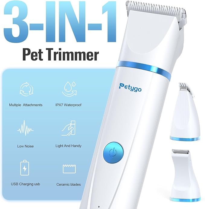 3-in-1 Dog Grooming Clippers Kit - Rechargeable Low Noise Pet Trimmer Set with Paw Trimmer, Cordless Nail Grinder, Shaver for Small Dogs & Cats - Includes 4 Guide Combs & USB Cable
