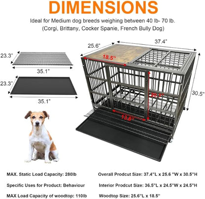 54/48/42/38 Inch Heavy Duty Funiture Dog Crate with Wheels, Indestructible and Escape Proof Wooden Kennel Indoor for High Anxiety Dogs with Double Door and Tray, Extra Large XL XXL