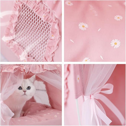 Cat Bed Tents Dog House Indoor Outdoor Lace Mesh Breathable Windows Door Curtains Removable Portable Nest Teepe House (Medium,Pink(Ruffled Teim))