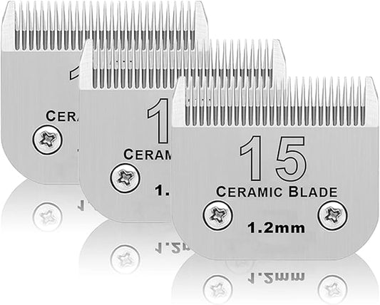 3 Pack 15# Detachable Pet Dog Grooming Ceramic Blades,Compatible with Andis,Oster A5,Wahl KM-10 Series,Size 15# Blade 3/64-Inch 1.2MM Cut Length