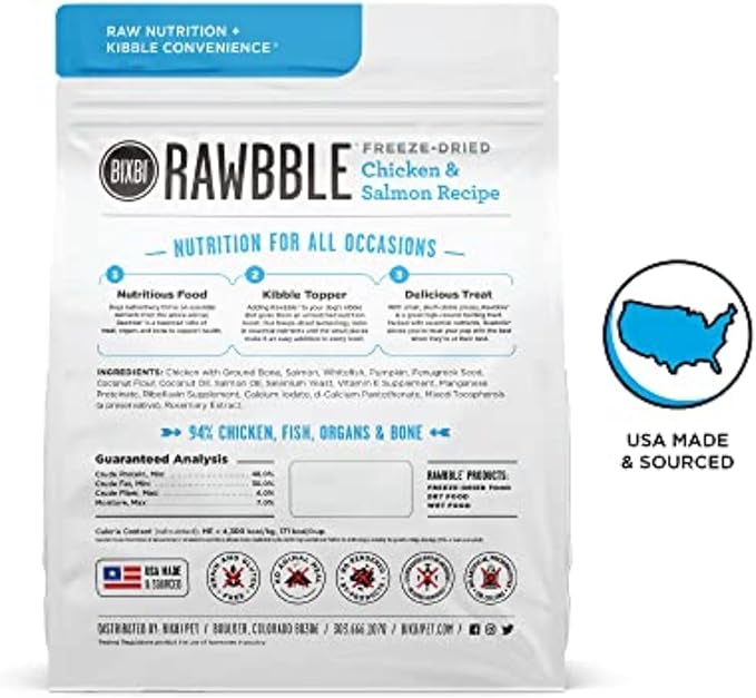 BIXBI Rawbble Freeze Dried Dog Food, Chicken & Salmon Recipe, 12 oz - 94% Meat and Organs, No Fillers - Pantry-Friendly Raw Dog Food for Meal, Treat or Food Topper - USA Made in Small Batches