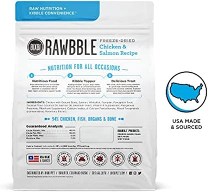 BIXBI Rawbble Freeze Dried Dog Food, Chicken & Salmon Recipe, 12 oz - 94% Meat and Organs, No Fillers - Pantry-Friendly Raw Dog Food for Meal, Treat or Food Topper - USA Made in Small Batches