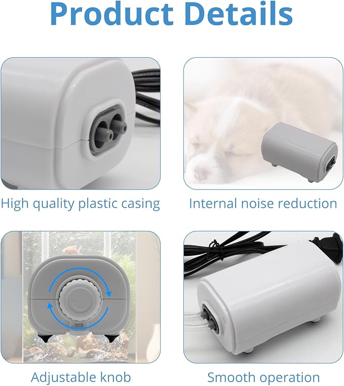 Aquarium Air Pump for Fish Tank, 2 Outlets Adjustable Bubbler, Ultra Quiet & Powerful (3W/5W/10W), Includes Air Stones/Tubing/Check Valve, 108GPH-260GPH for 300-600 Gallon Tanks