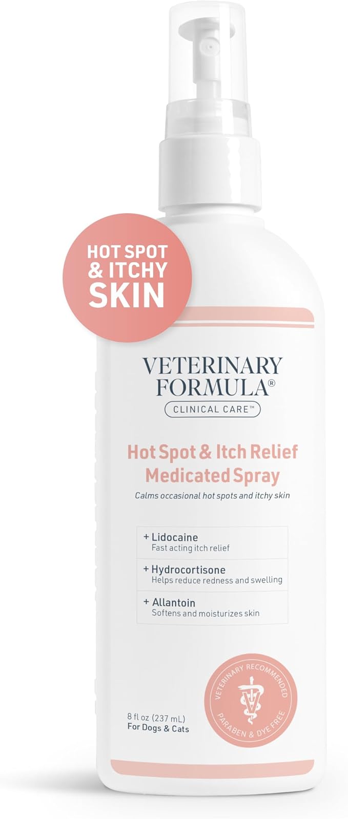 Veterinary Formula Clinical Care Hot Spot & Itch Relief Medicated Spray, 8oz  Easy to Use Spray for Dogs & Cats  Helps Alleviate Sensitive Skin, Scratching, and Licking of Coat (1 Pack)
